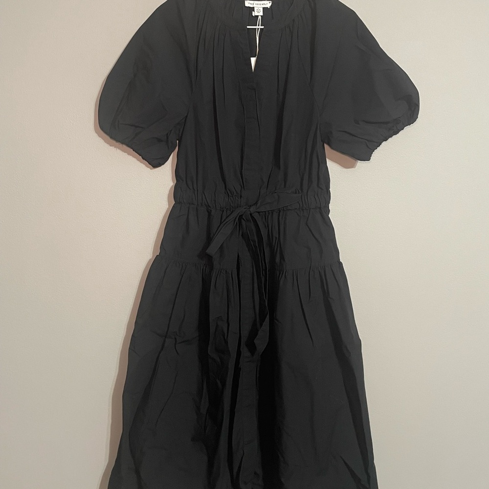 Free Assembly Puff-Sleeve Button-Up Black Midi Dress with Tie Waist Small BNWT